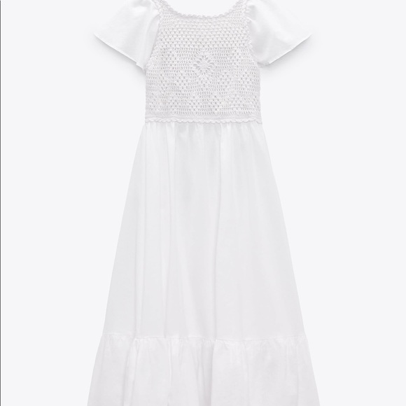 ZARA NEW WOMAN LONG CROCHET LINEN BLEND DRESS RUFFLED HEM WHITE  SZ MED 7200/115 - Picture 5 of 7